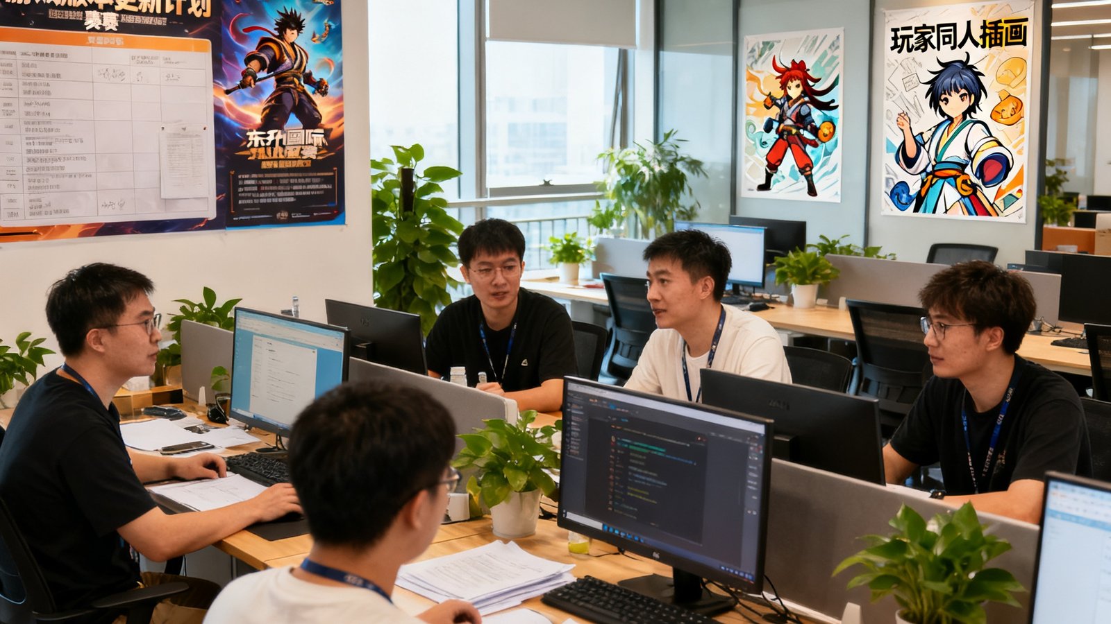 东升国际核心团队在开放式办公区讨论游戏版本更新与社区活动，墙上张贴着赛事海报和玩家创作
