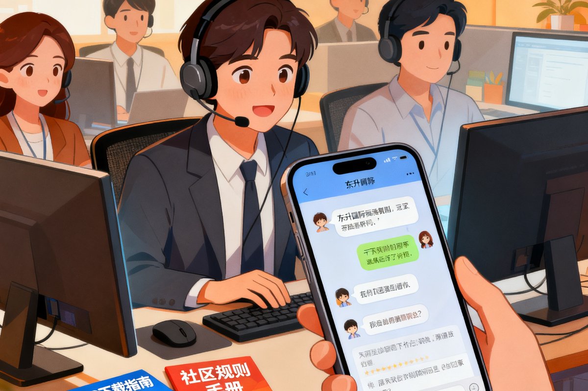 东升国际客服团队正在在线解答玩家关于APP下载和社区规则的问题